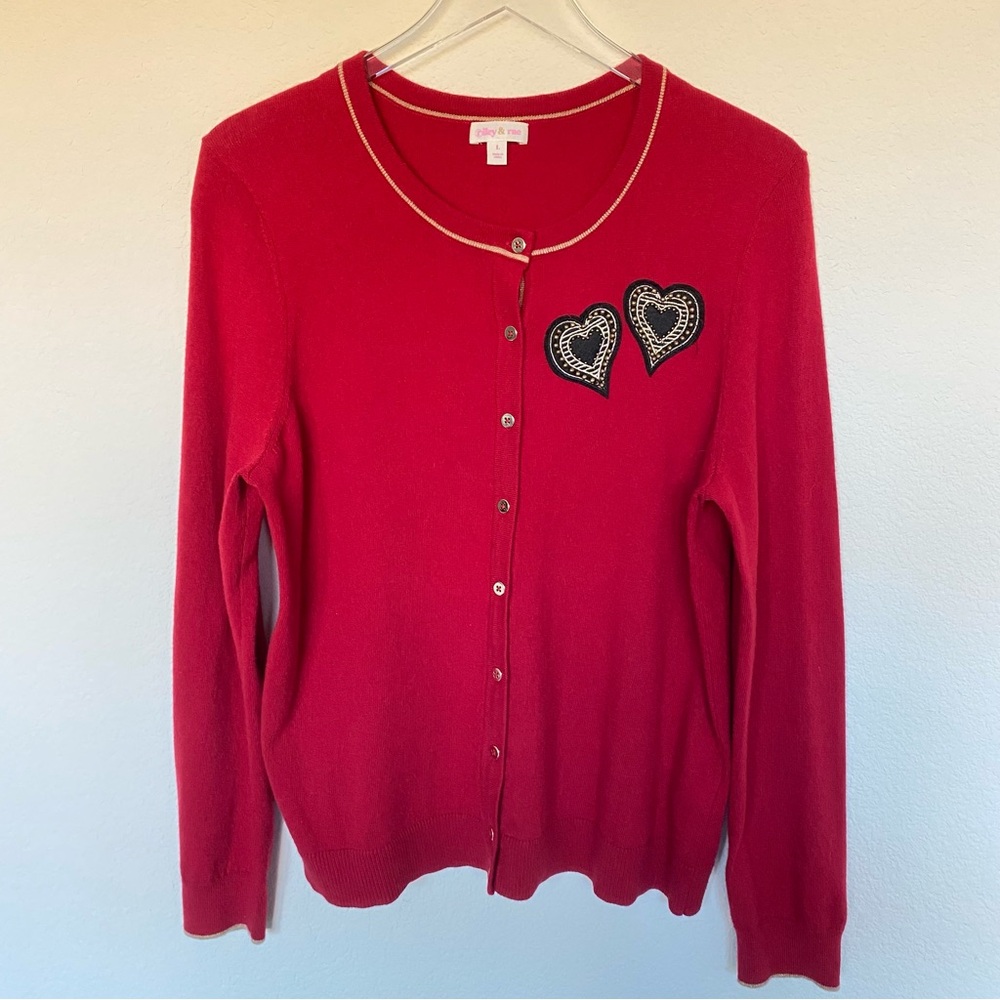 Riley & Rae Red Hearts Embellished Cardigan Sweater | L